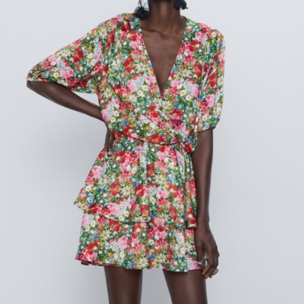 NWT Zara Floral Mini Dress Green Red XS